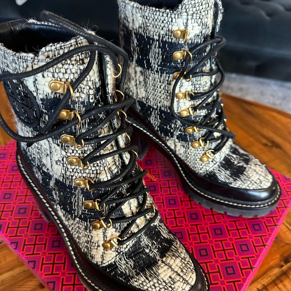 Tory Burch Black & White Tweed Lace-Up Combat Boot - Picture 3 of 7